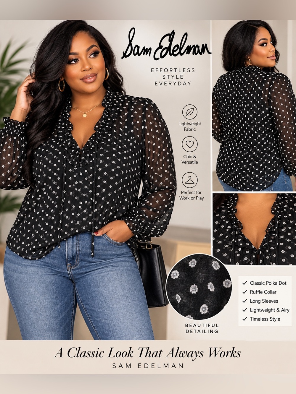 Sam Edelman Black & White Polka Dot Ruffle-Neck Blouse